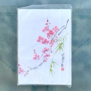 Pink Cherry Blossom and Bamboo White Traditional Chinese Handkerchief